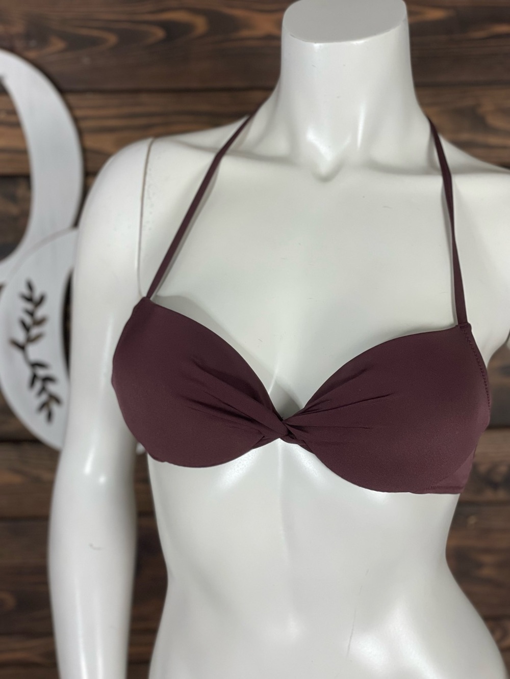 H&M | Twist-Front Halter Bikini Top Deep Plum Beaded Tassel Straps Rose‎ Gold